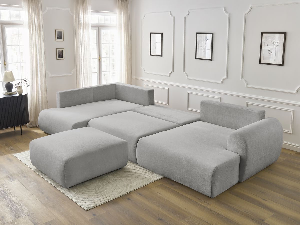 Canapé panoramique convertible coffre LUCIEN tissu lisse avec pouf