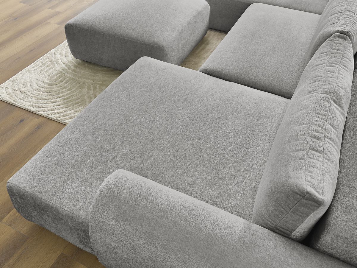 Canapé panoramique convertible coffre LUCIEN tissu lisse avec pouf