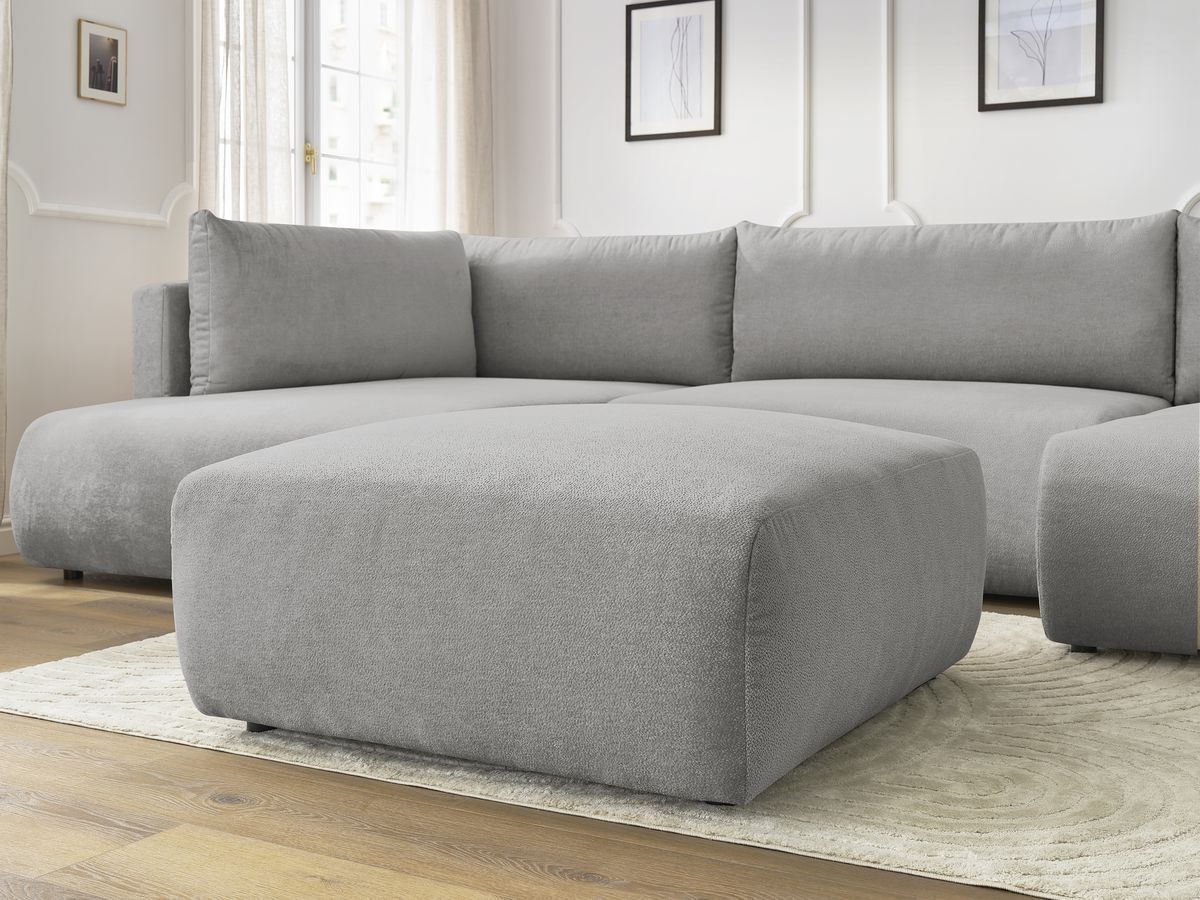 Canapé panoramique convertible coffre LUCIEN tissu lisse avec pouf