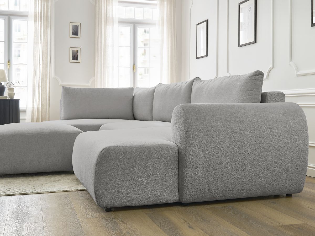 Canapé panoramique convertible coffre LUCIEN tissu lisse avec pouf