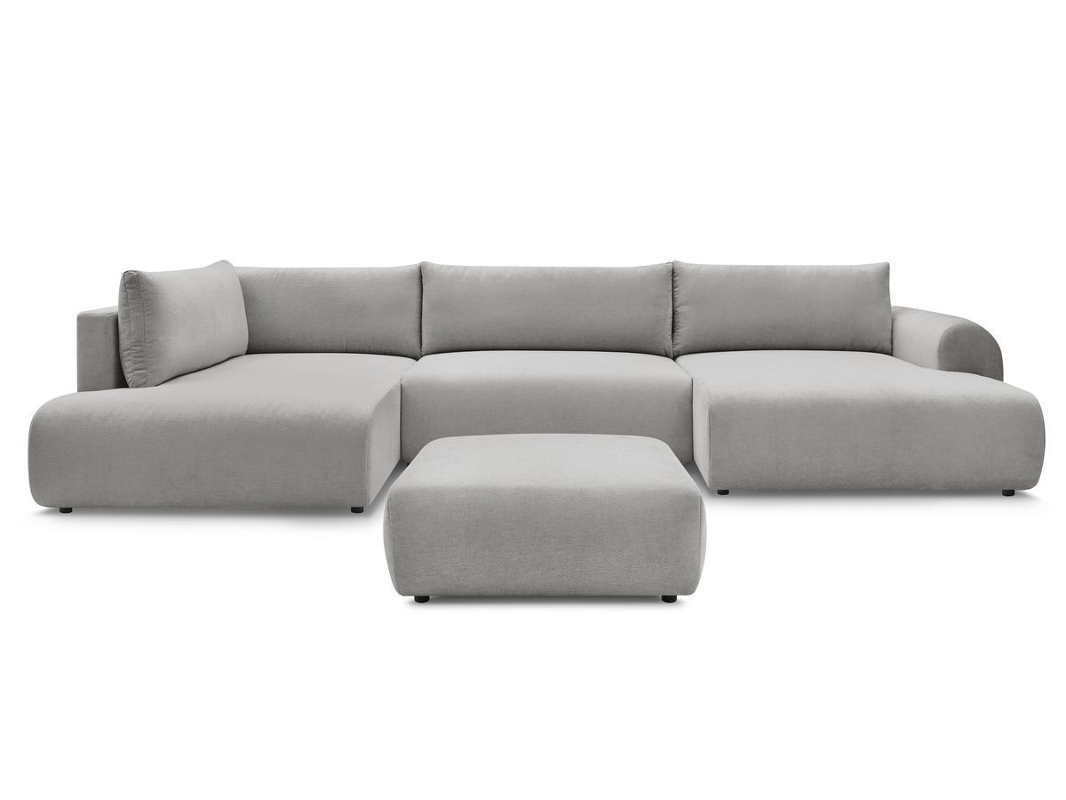 Canapé panoramique convertible coffre LUCIEN tissu lisse avec pouf