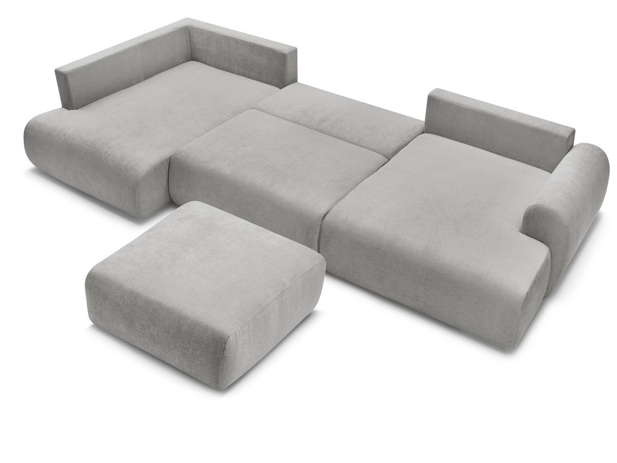 Canapé panoramique convertible coffre LUCIEN tissu lisse avec pouf