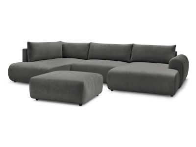 Canapé panoramique convertible coffre LUCIEN tissu lisse avec pouf