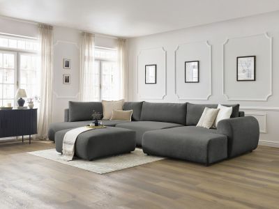 Canapé panoramique convertible coffre LUCIEN tissu lisse avec pouf