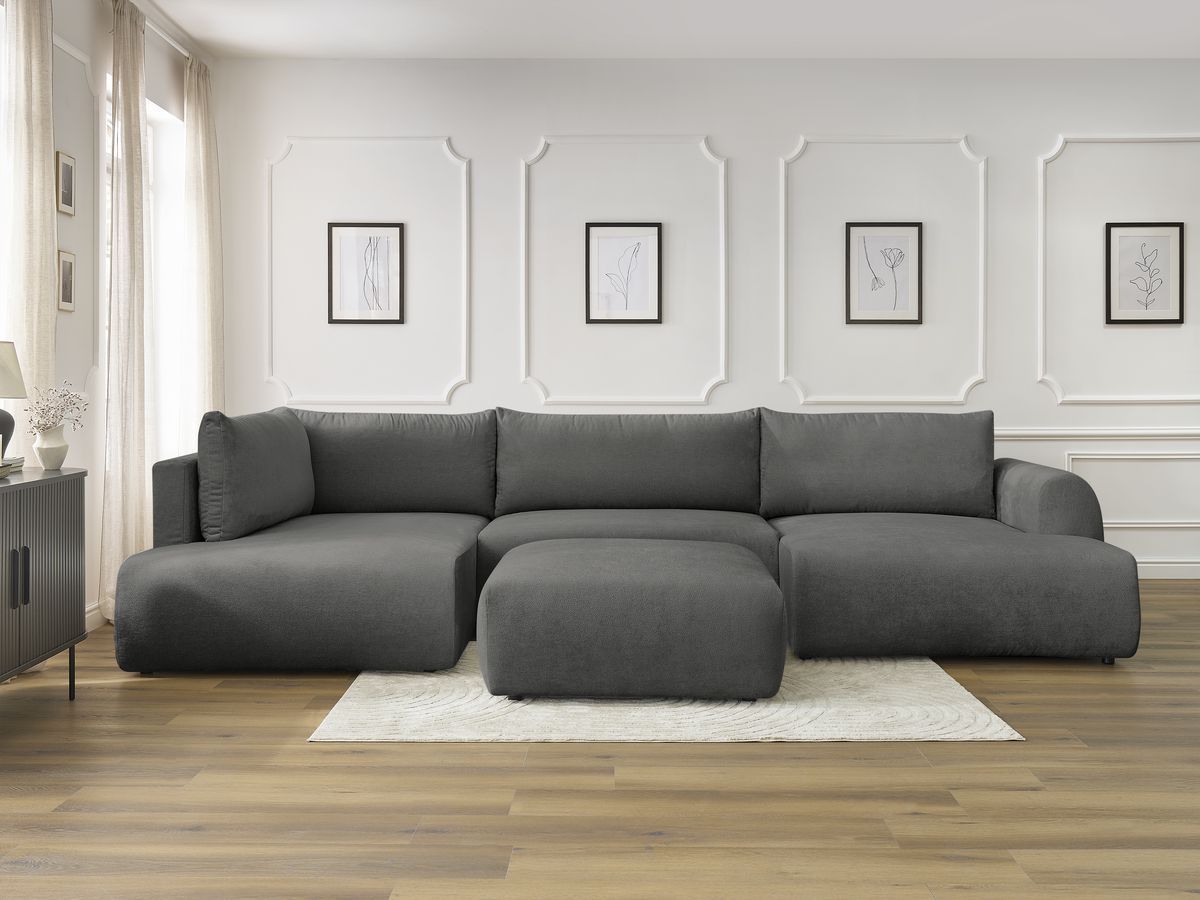 Canapé panoramique convertible coffre LUCIEN lisse avec pouf gris foncé — vue 5