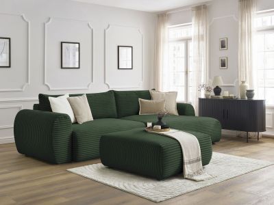 Canapé d'angle convertible coffre LUCIEN gros côtelé doux avec pouf