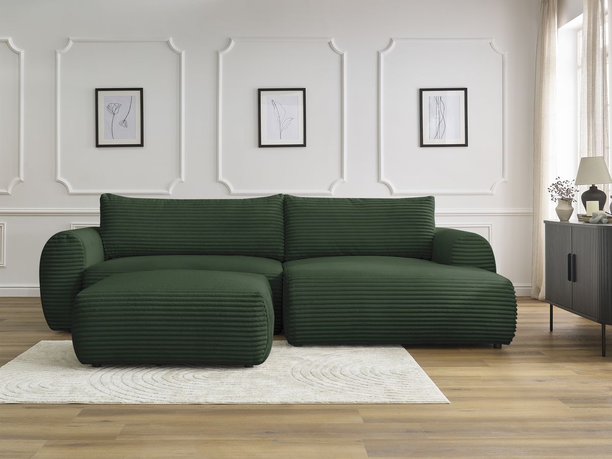 Canapé d'angle convertible coffre LUCIEN gros côtelé doux avec pouf vert — vue 5