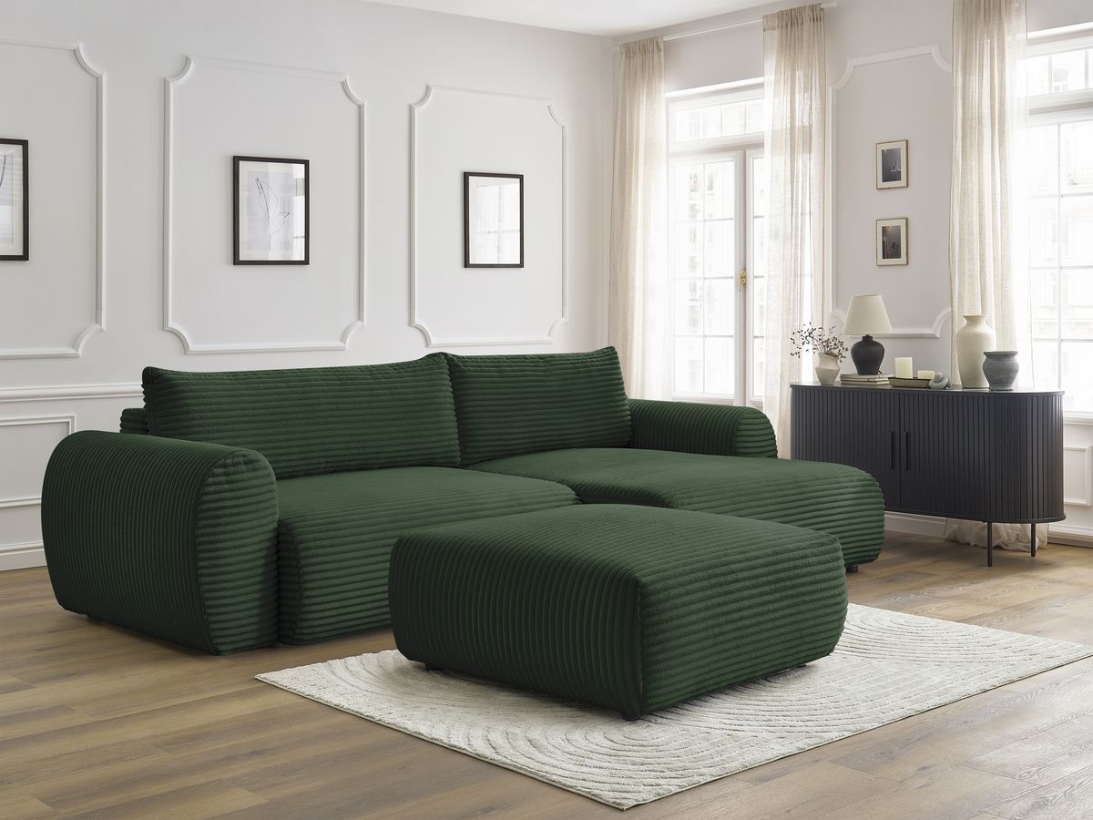 Canapé d'angle convertible coffre LUCIEN gros côtelé doux avec pouf