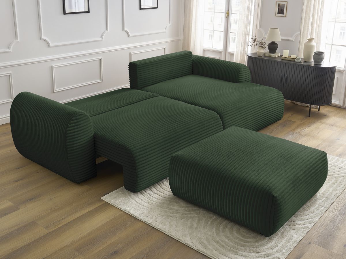 Canapé d'angle convertible coffre LUCIEN gros côtelé doux avec pouf