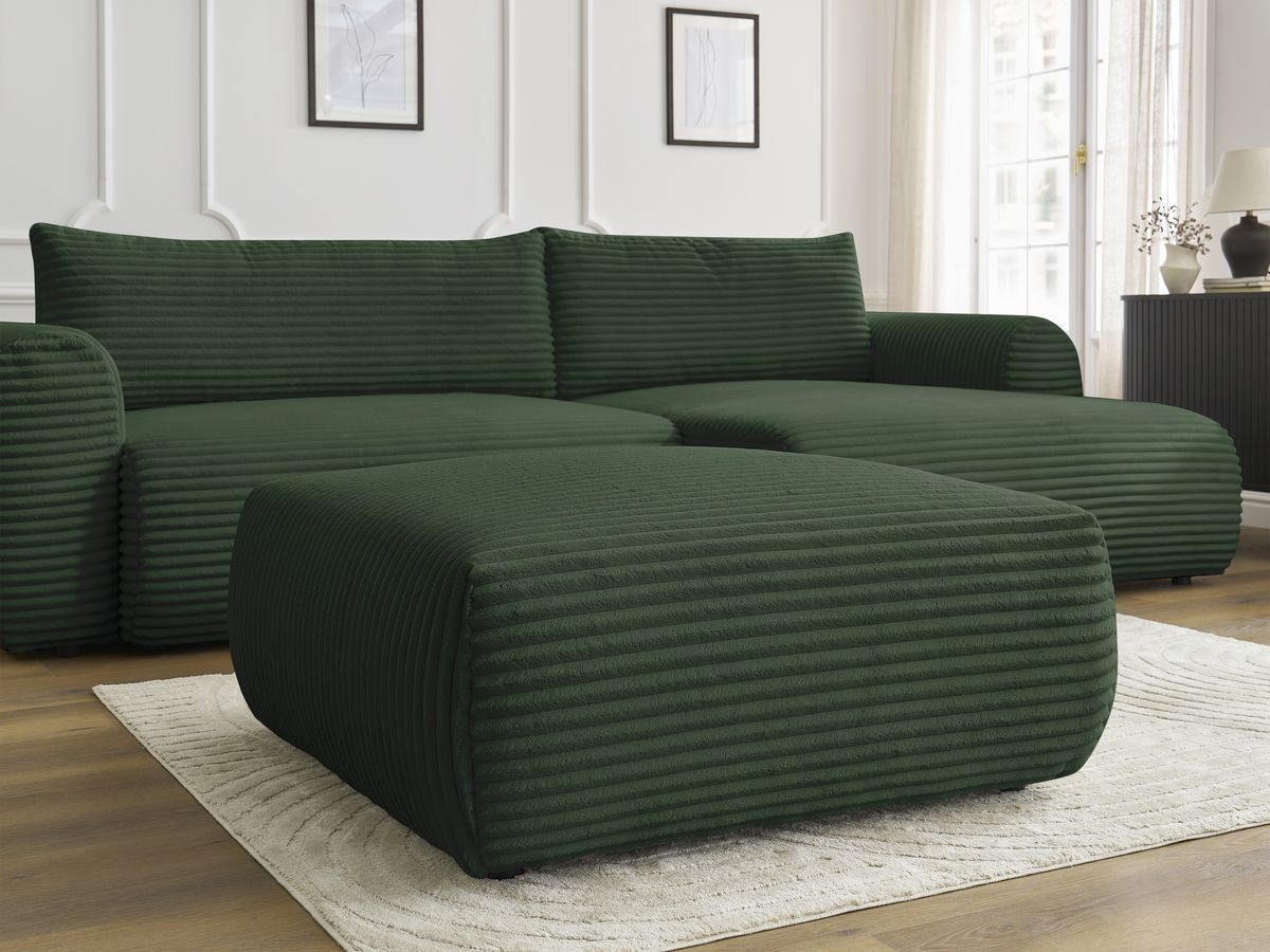 Canapé d'angle convertible coffre LUCIEN gros côtelé doux avec pouf