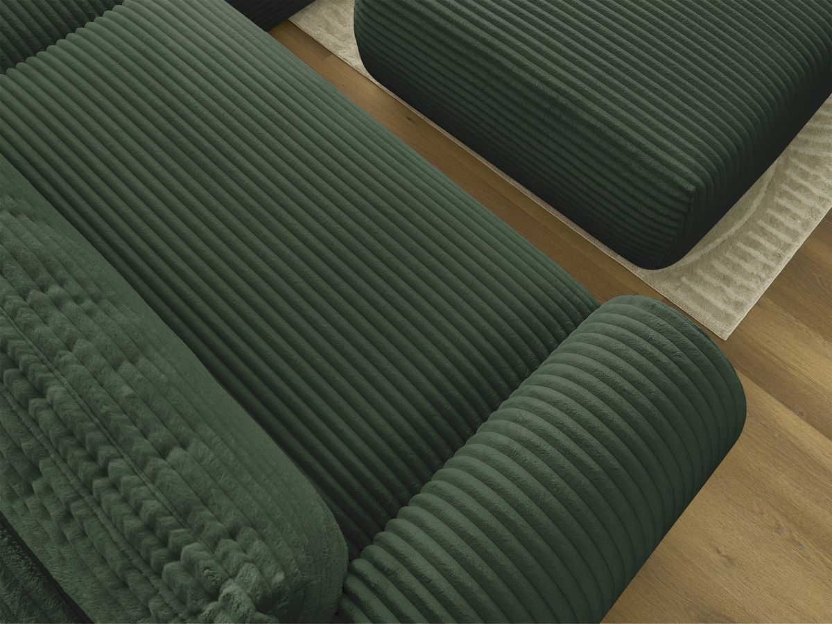 Canapé d'angle convertible coffre LUCIEN gros côtelé doux avec pouf