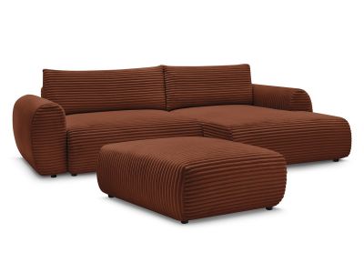 Canapé d'angle convertible coffre LUCIEN gros côtelé doux avec pouf