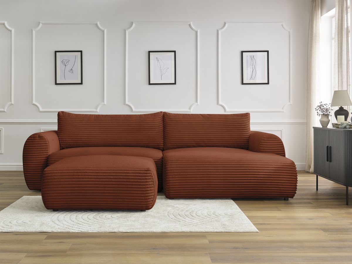 Canapé d'angle convertible coffre LUCIEN gros côtelé doux avec pouf orange — vue 5