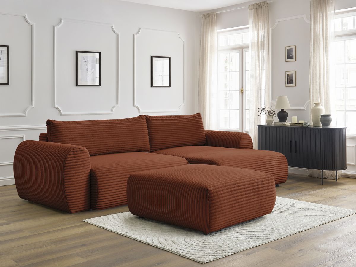 Canapé d'angle fixe EVEREST tissu chiné - Orange - Angle droit - 10 coussins