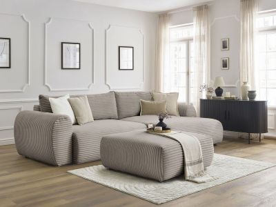 Canapé d'angle convertible coffre LUCIEN gros côtelé doux avec pouf