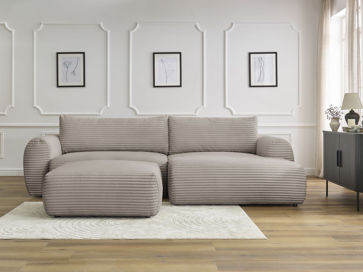 Canapé d'angle convertible coffre LUCIEN gros côtelé doux avec pouf taupe — vue 5