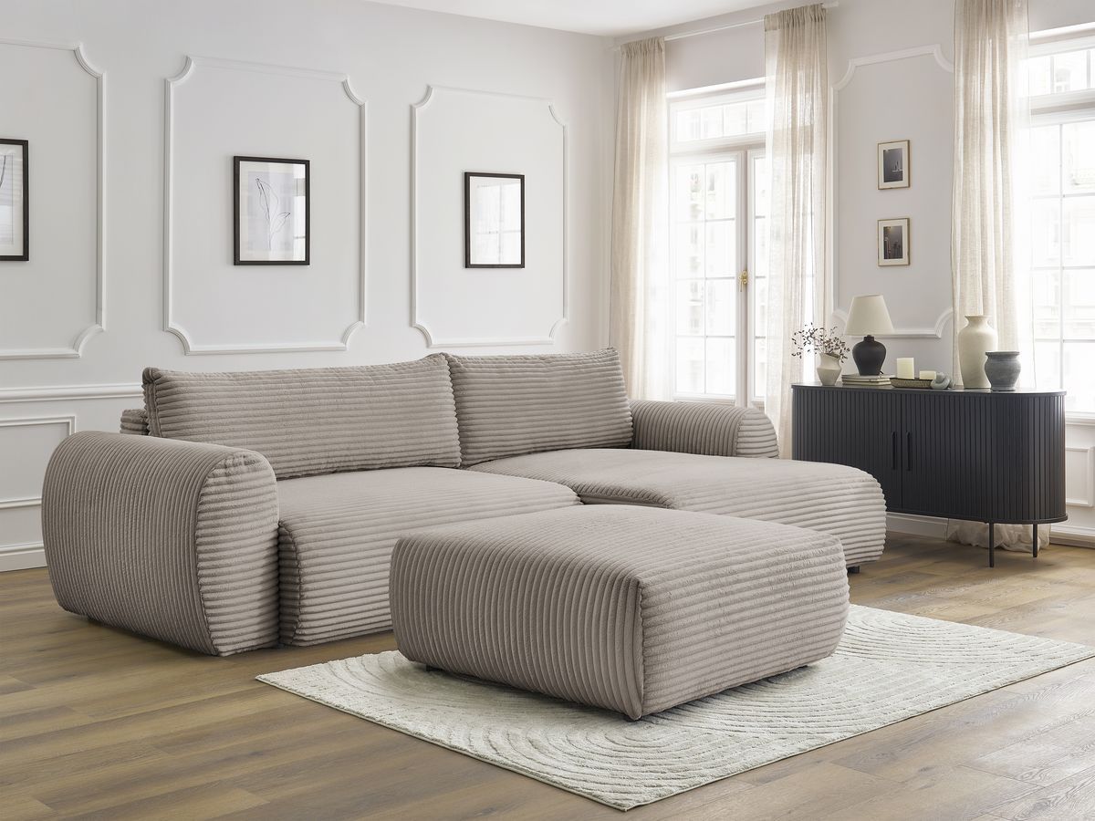 Canapé d'angle convertible coffre LUCIEN gros côtelé doux avec pouf