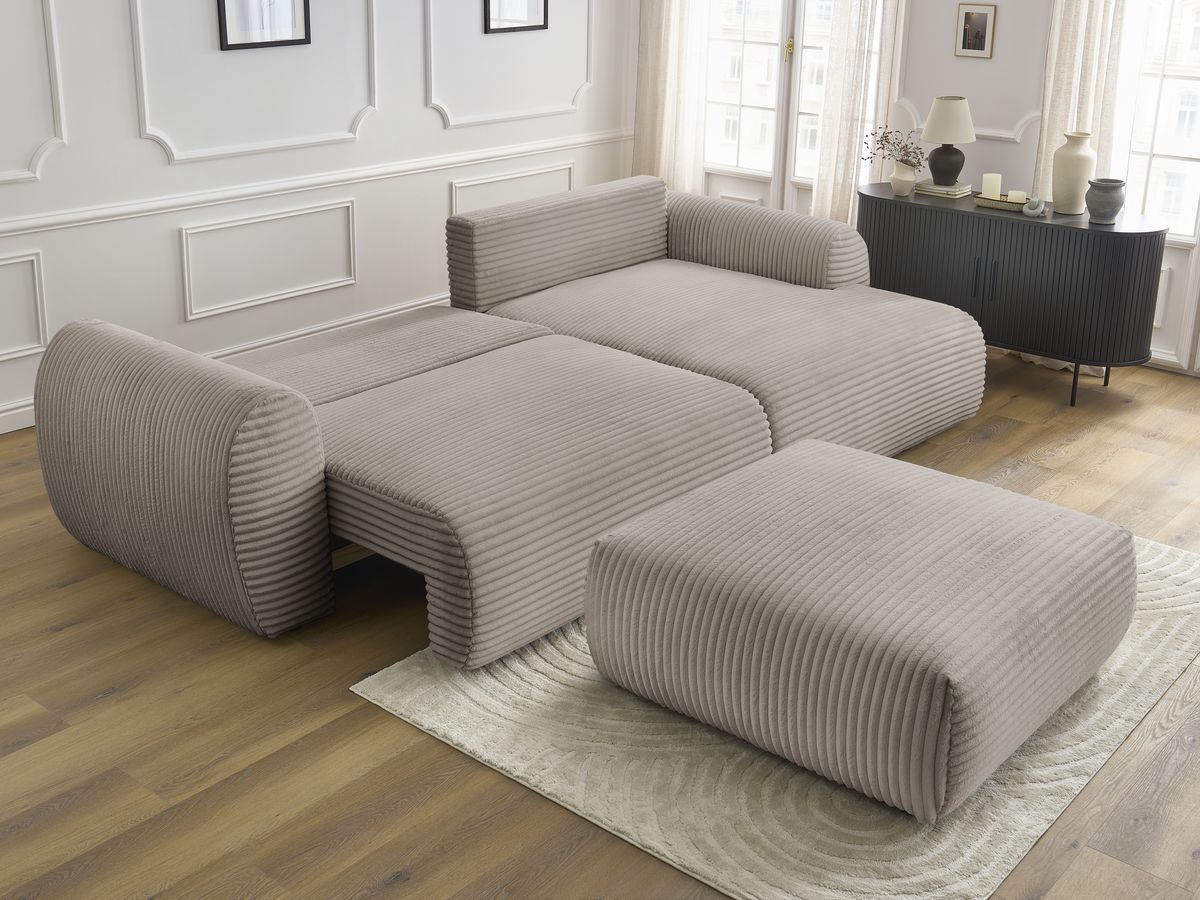 Canapé d'angle convertible coffre LUCIEN gros côtelé doux avec pouf