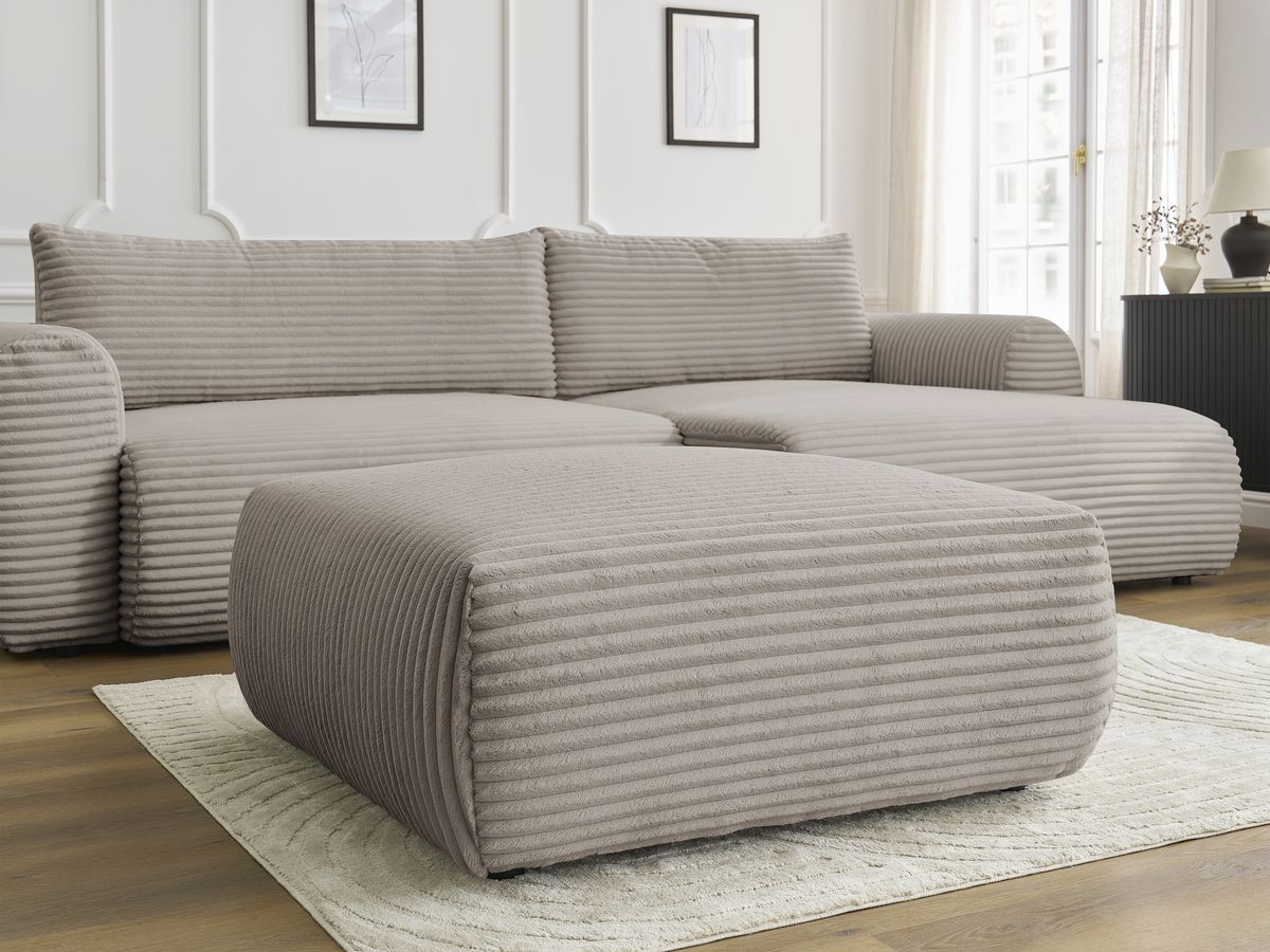 Canapé d'angle convertible coffre LUCIEN gros côtelé doux avec pouf