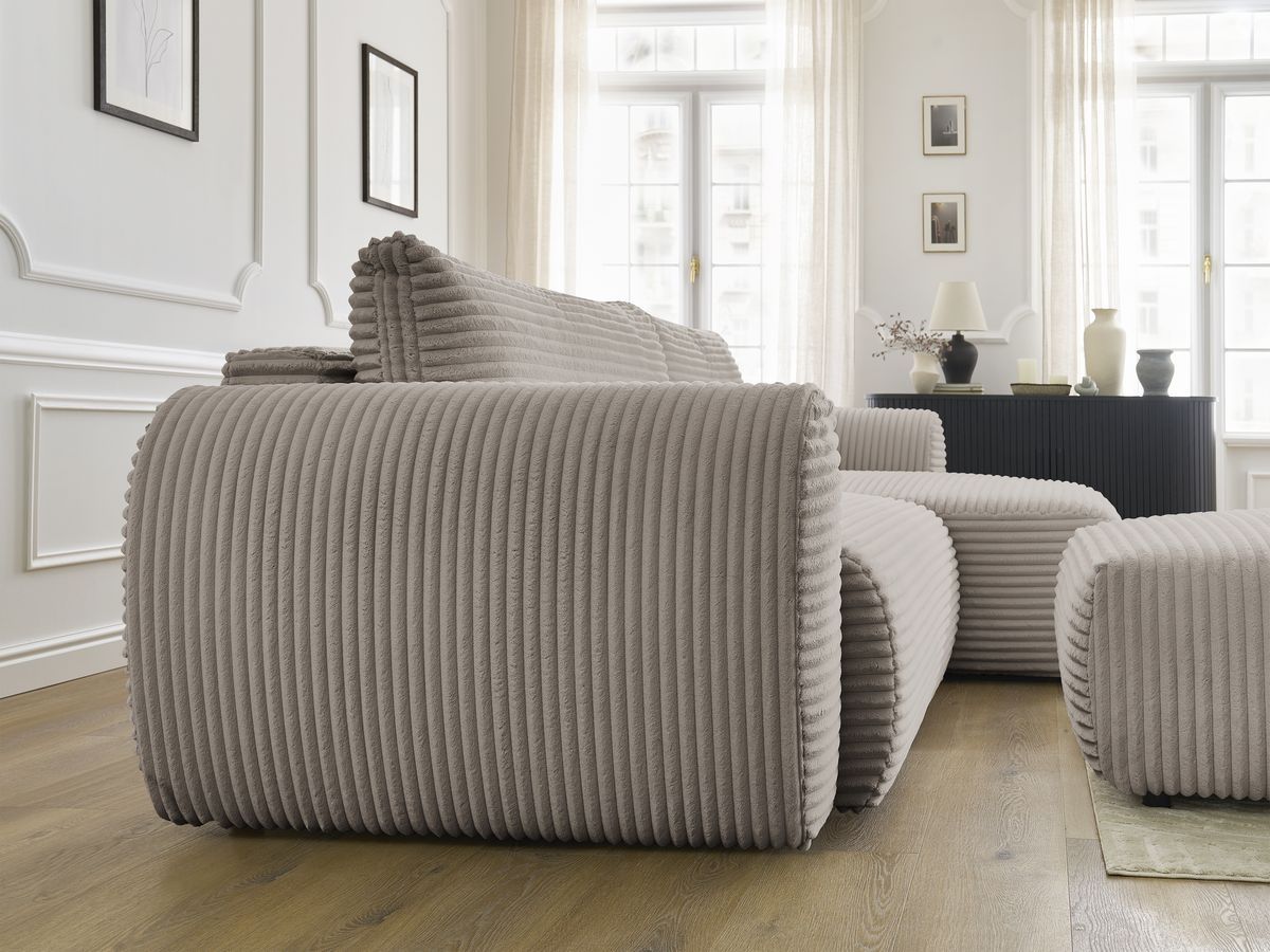 Canapé d'angle convertible coffre LUCIEN gros côtelé doux avec pouf
