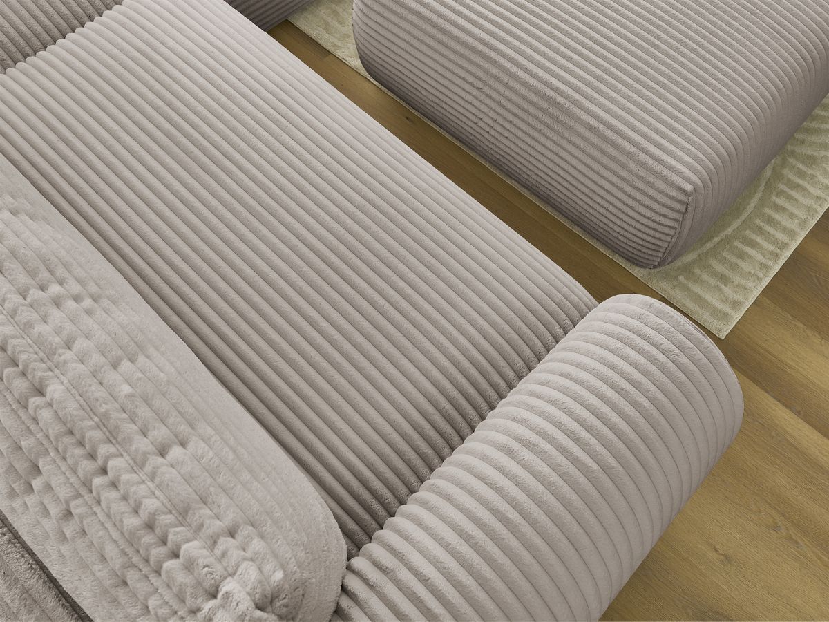 Canapé d'angle convertible coffre LUCIEN gros côtelé doux avec pouf
