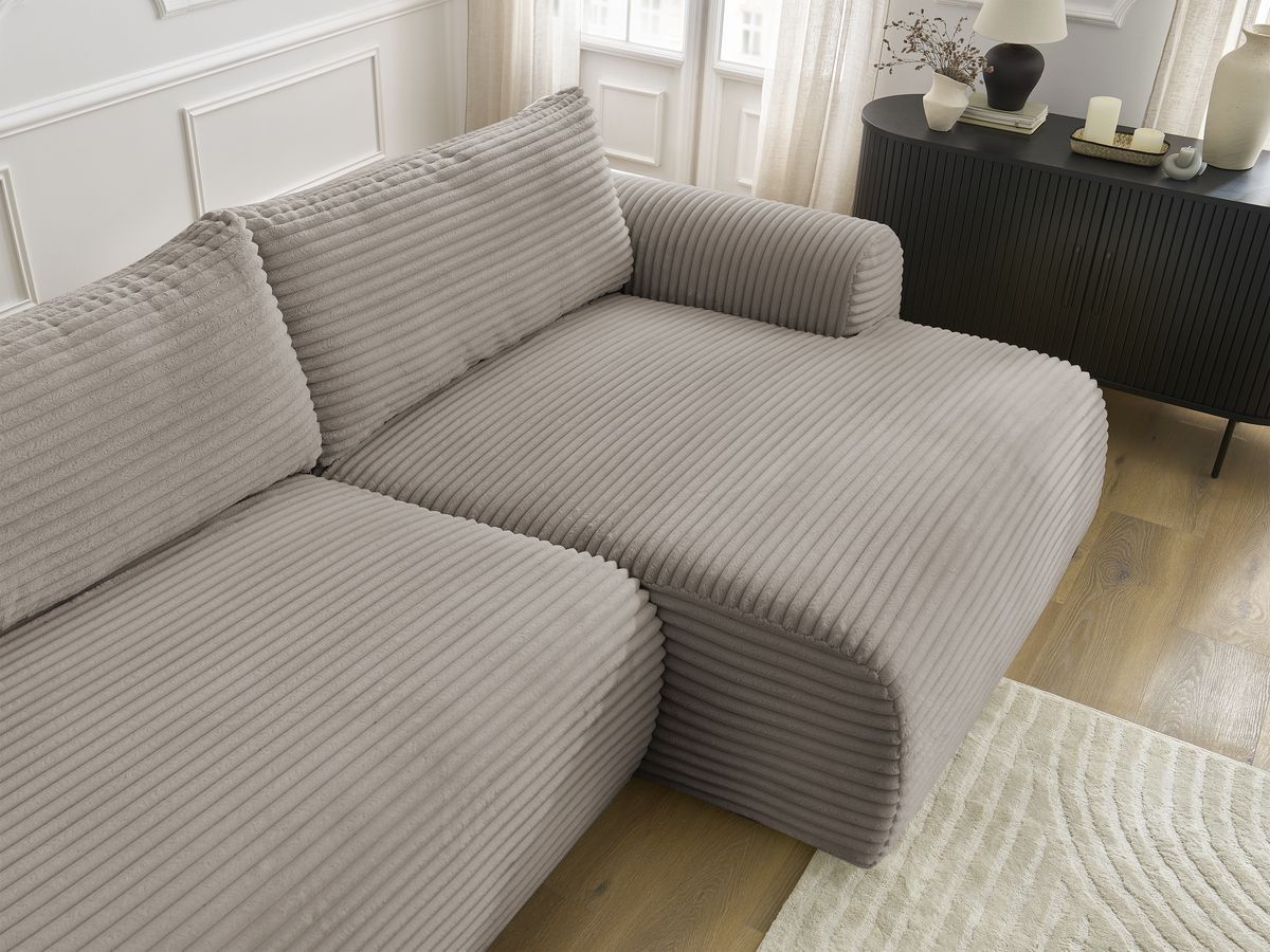 Canapé d'angle convertible coffre LUCIEN gros côtelé doux avec pouf