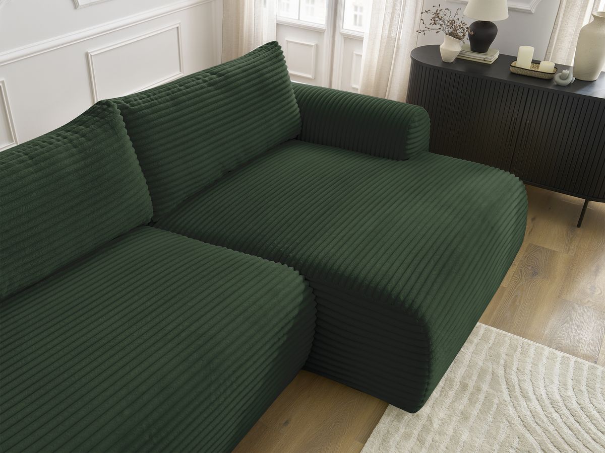 Canapé d'angle convertible coffre LUCIEN gros côtelé doux avec pouf