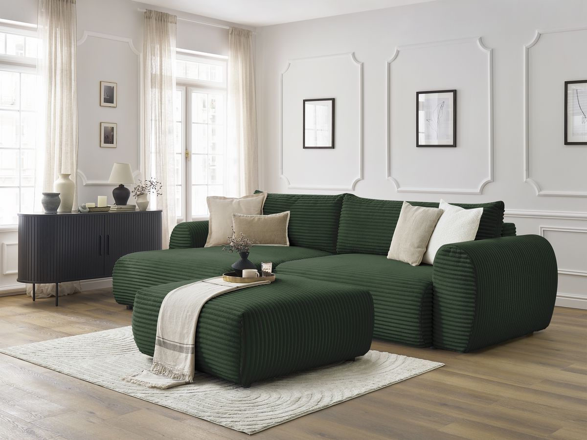 Canapé d'angle convertible coffre LUCIEN gros côtelé doux avec pouf