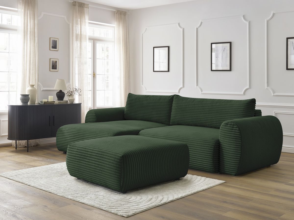 Canapé d'angle convertible coffre LUCIEN gros côtelé doux avec pouf