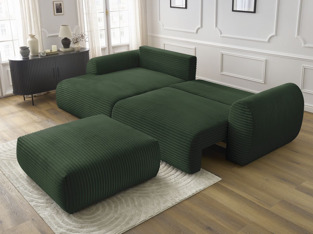 Canapé d'angle convertible coffre LUCIEN gros côtelé doux avec pouf