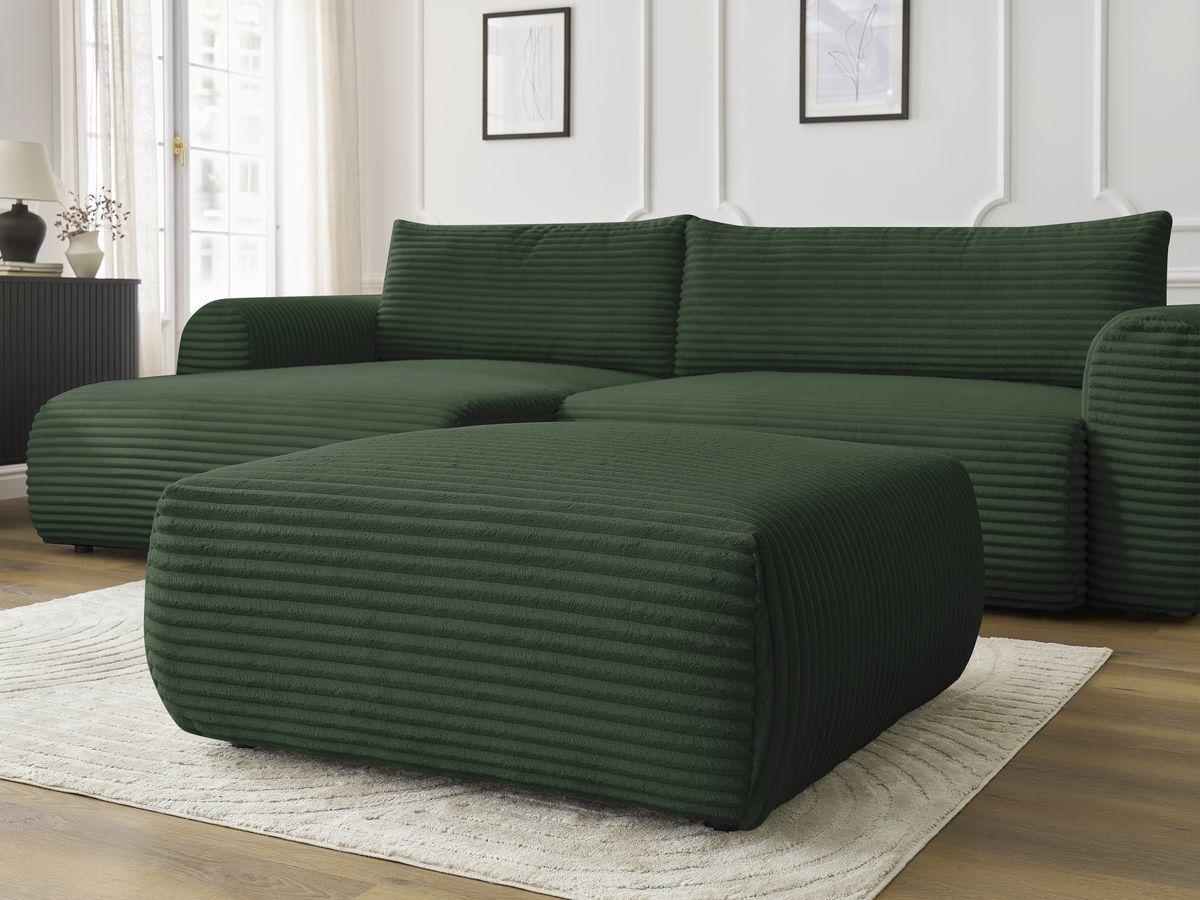 Canapé d'angle convertible coffre LUCIEN gros côtelé doux avec pouf