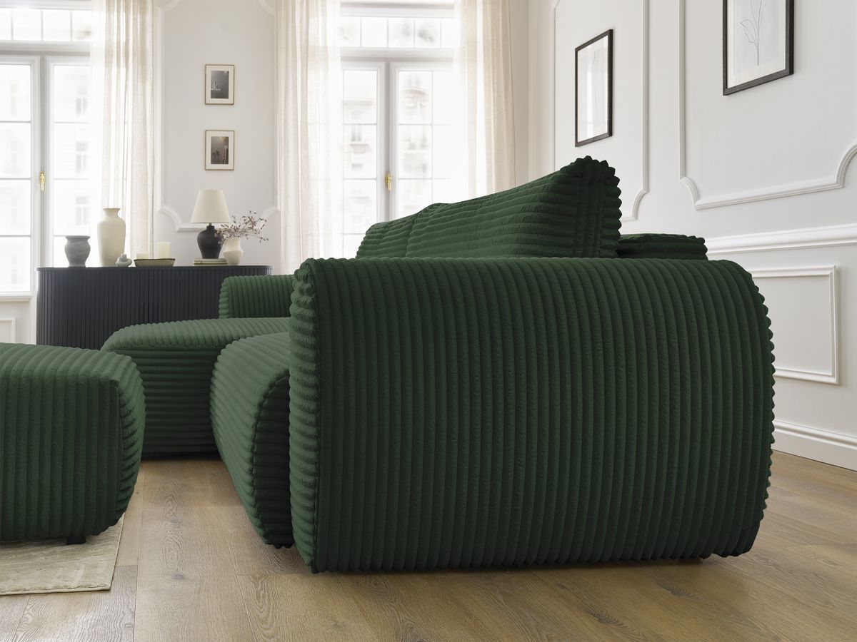 Canapé d'angle convertible coffre LUCIEN gros côtelé doux avec pouf