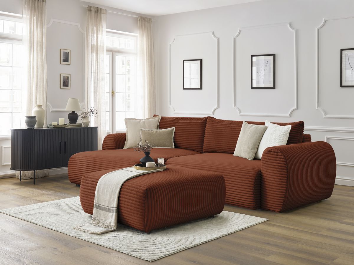 Canapé d'angle fixe EVEREST tissu chiné - Orange - Angle droit - 10 coussins