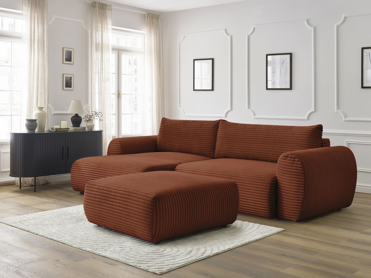 Canapé d'angle fixe EVEREST tissu chiné - Orange - Angle droit - 10 coussins