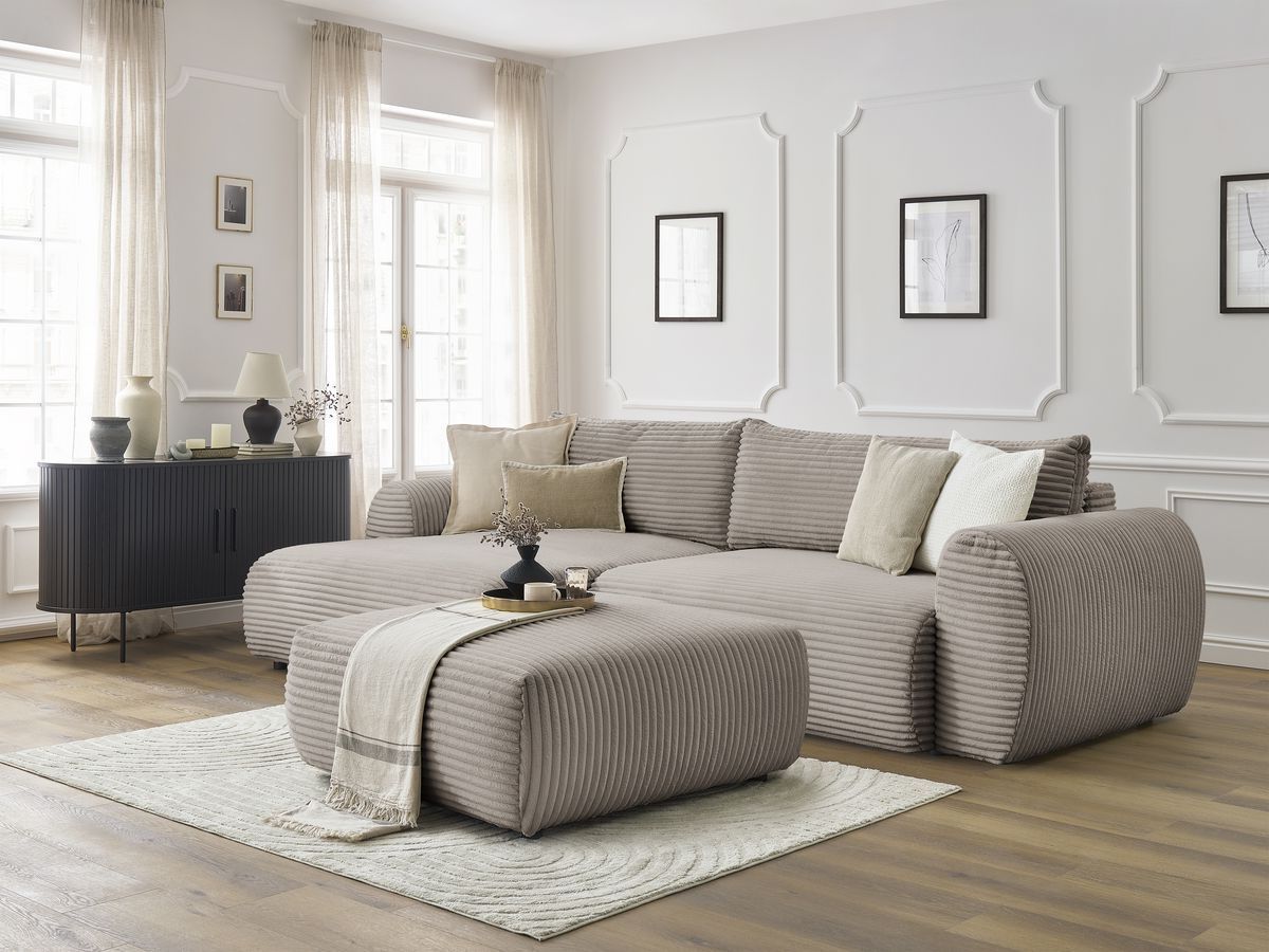 Canapé d'angle convertible coffre LUCIEN gros côtelé doux avec pouf