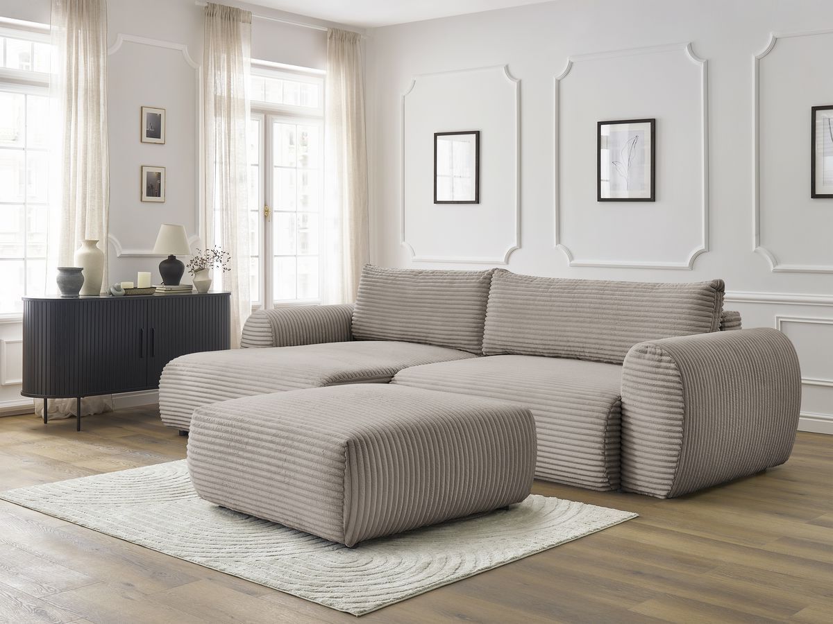 Canapé d'angle convertible coffre LUCIEN gros côtelé doux avec pouf