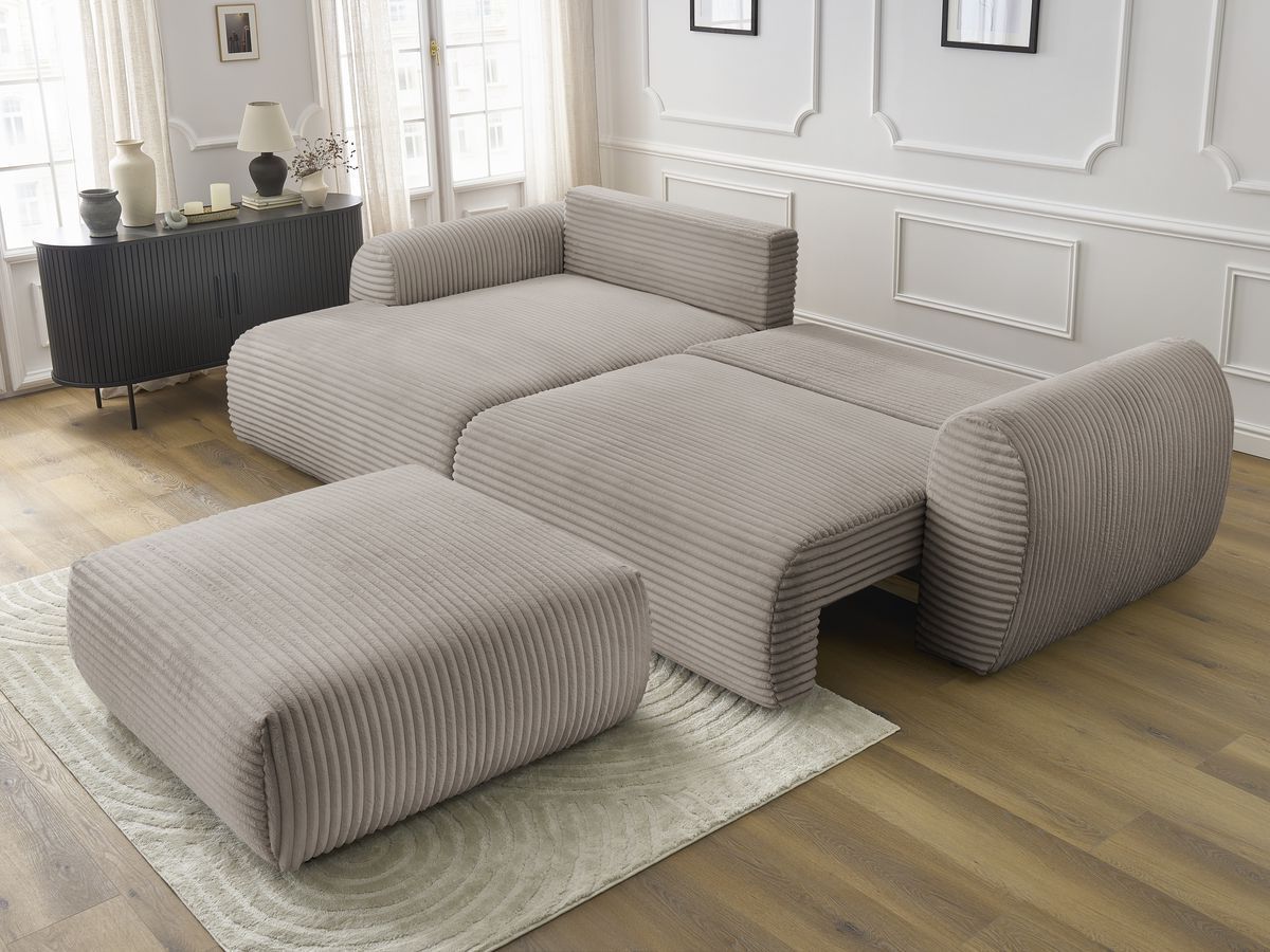Canapé d'angle convertible coffre LUCIEN gros côtelé doux avec pouf