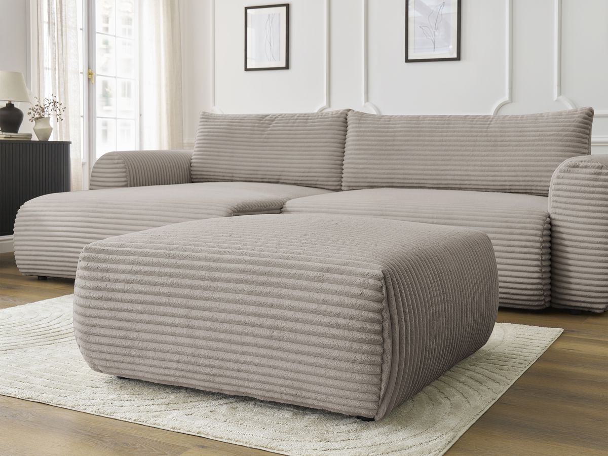 Canapé d'angle convertible coffre LUCIEN gros côtelé doux avec pouf