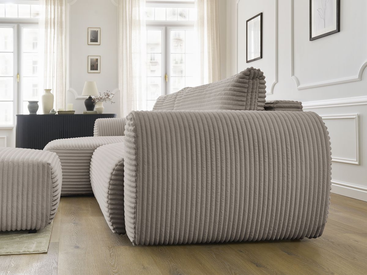Canapé d'angle convertible coffre LUCIEN gros côtelé doux avec pouf