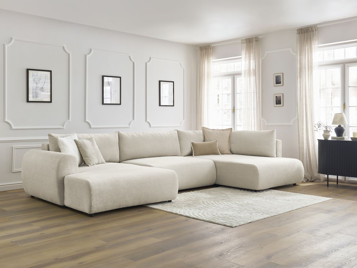 Canapé panoramique convertible coffre LUCIEN tissu lisse beige  angle gauche BOBOCHIC 5 places