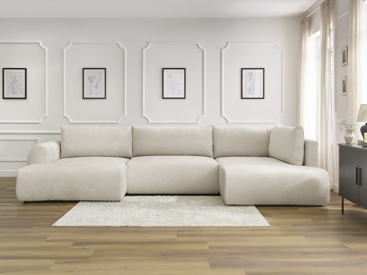 Canapé panoramique convertible coffre LUCIEN tissu lisse beige angle gauche BOBOCHIC 5 places - Vue supplémentaire 3