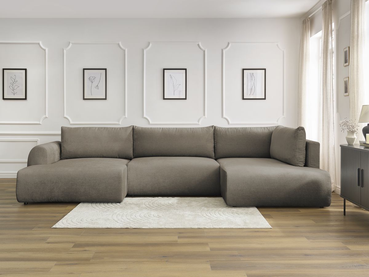 Canapé panoramique convertible coffre LUCIEN tissu lisse taupe  angle gauche BOBOCHIC 5 places - Vue supplémentaire 3