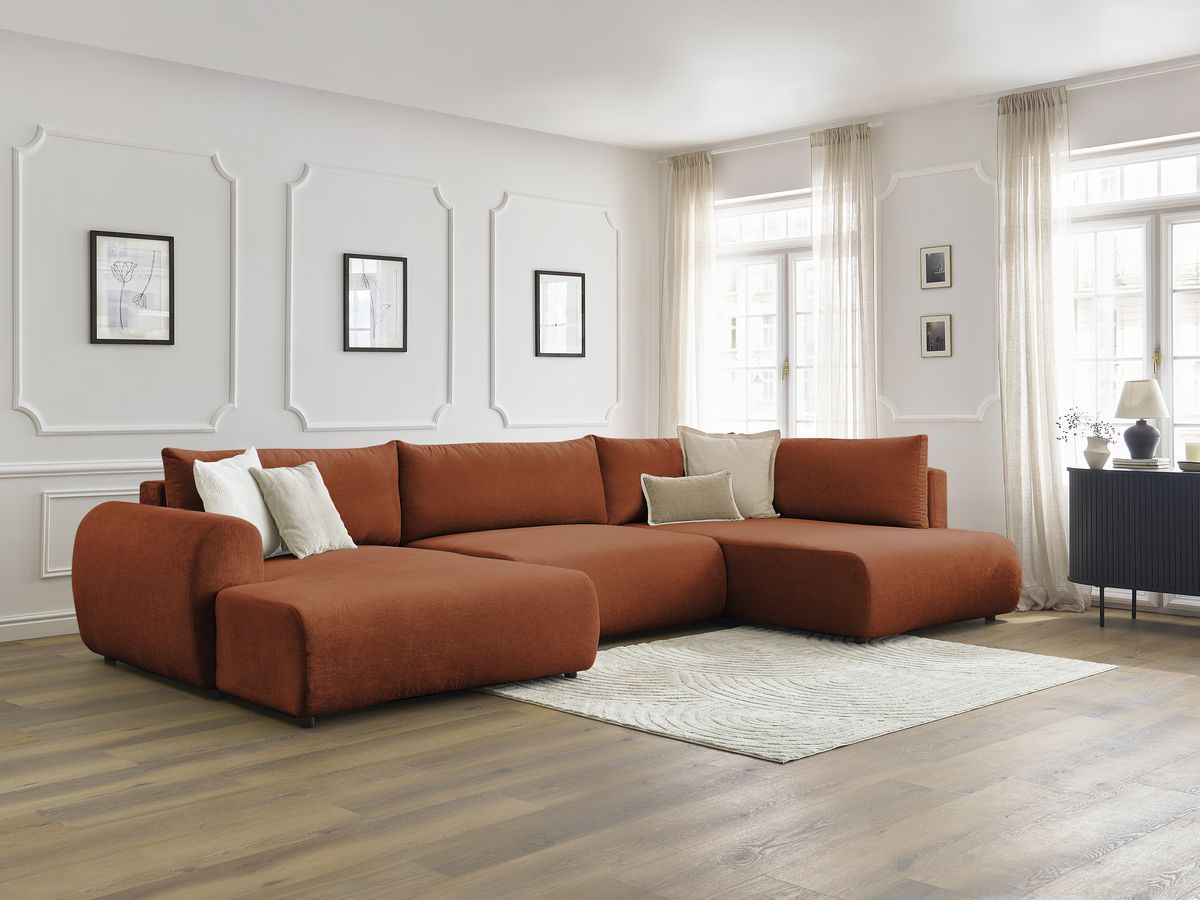 Canapé panoramique convertible coffre LUCIEN tissu lisse orange  angle gauche BOBOCHIC 5 places