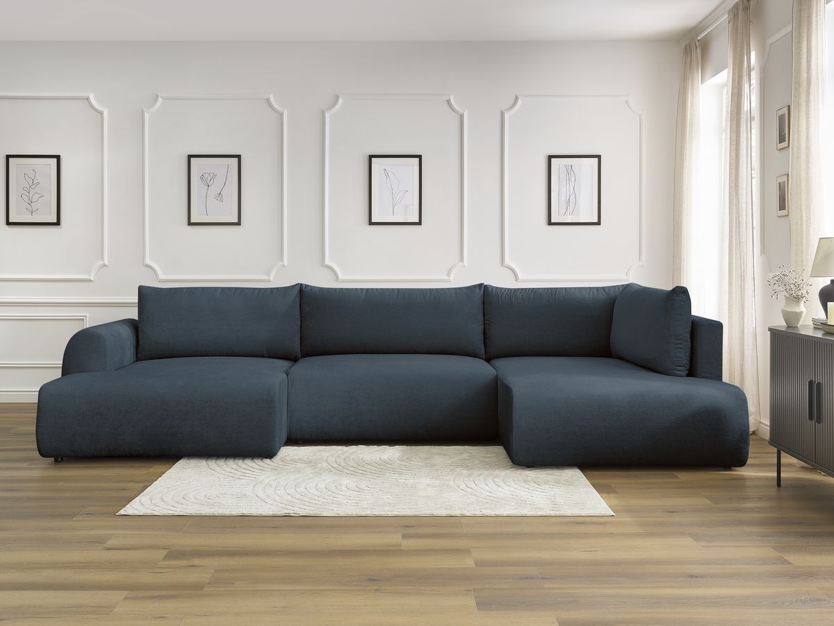 Canapé panoramique convertible coffre LUCIEN tissu lisse bleu foncé angle gauche BOBOCHIC 5 places - Vue supplémentaire 3