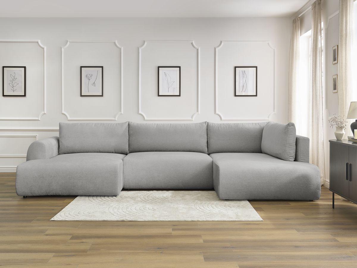 Canapé panoramique convertible coffre LUCIEN tissu lisse gris clair angle gauche BOBOCHIC 5 places - Vue supplémentaire 3
