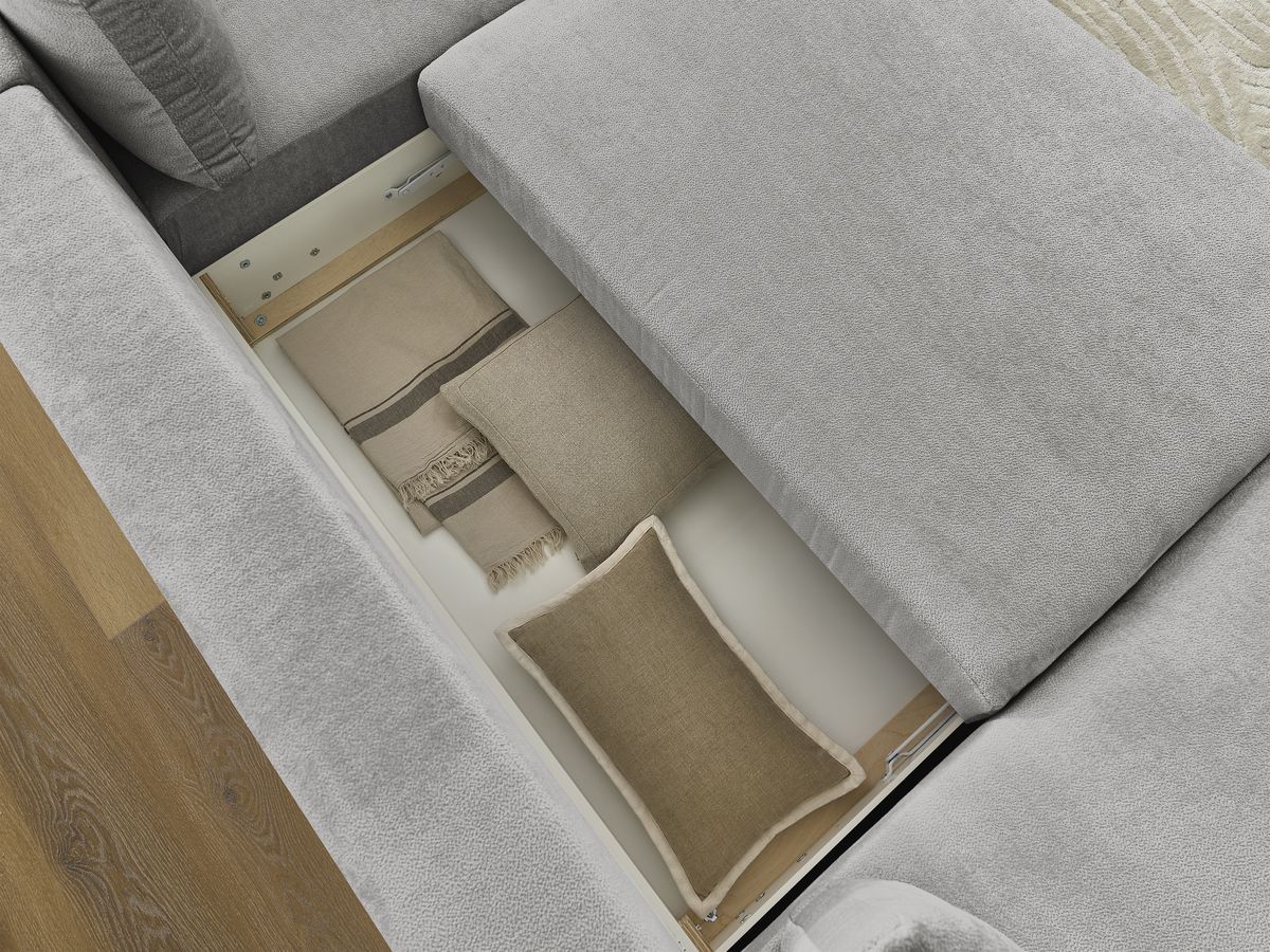 LUCIEN panoramische slaapbank met opbergvak, gladde stof