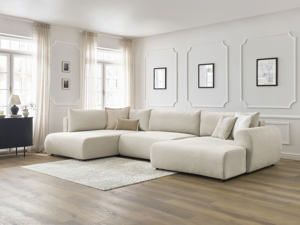 Canapé panoramique convertible coffre LUCIEN tissu lisse beige  angle droit BOBOCHIC 5 places