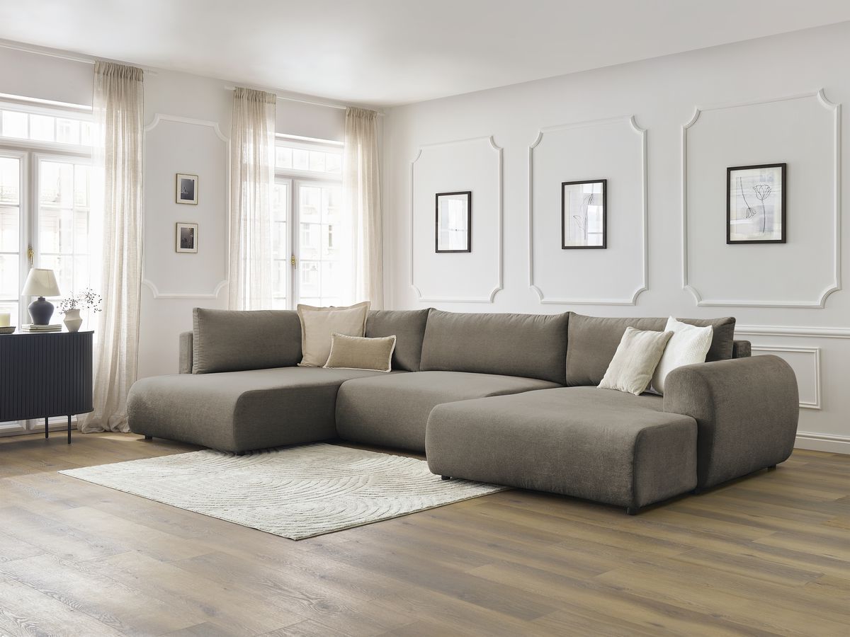 Canapé panoramique convertible coffre LUCIEN tissu lisse taupe  angle droit BOBOCHIC 5 places