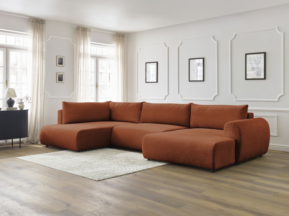Canapé d'angle fixe EVEREST tissu chiné - Orange - Angle droit - 10 coussins
