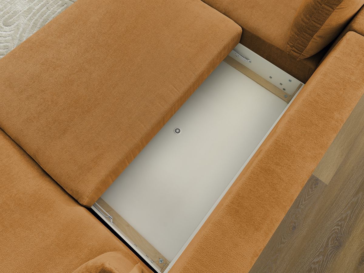 LUCIEN panoramische slaapbank met opbergvak, gladde stof